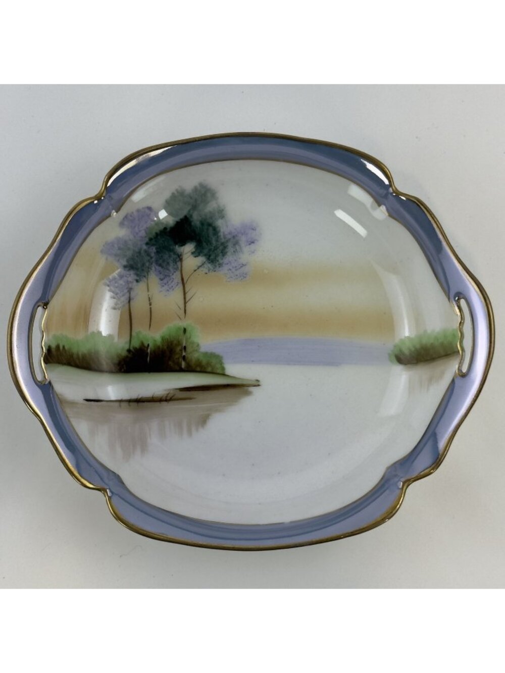 Meito China Landscape Porcelain Bowl Dual Handles Gold Trim Hand-Painted Japan